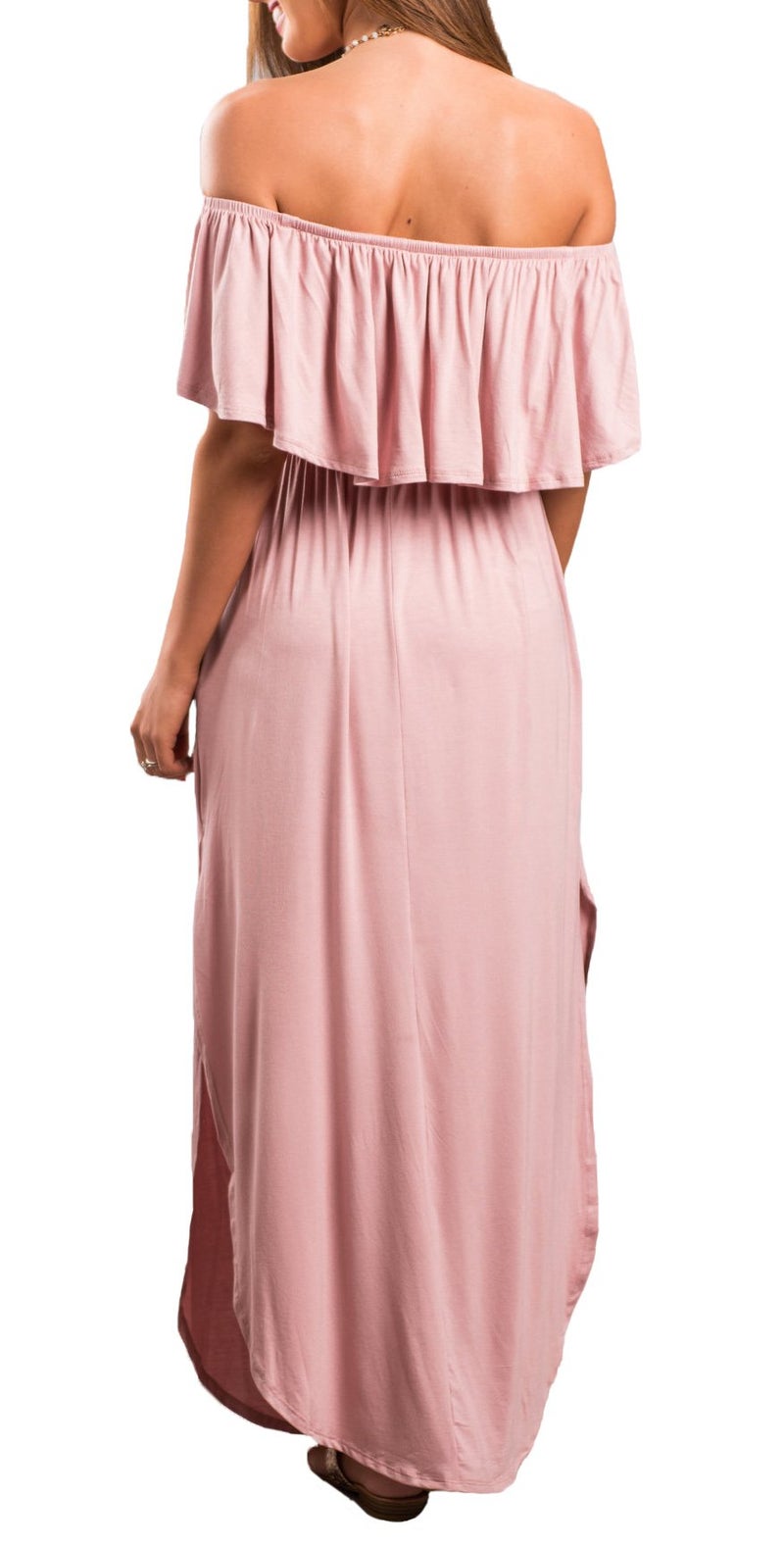 Sarin Mathews Womens Off The Shoulder Ruffle Party Dress Side Split Beach Long Maxi Dresses Pink M - Image 1